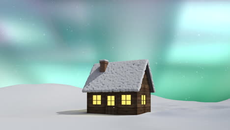 Animation-Des-Hauses-Zu-Weihnachten-über-Aurora-Und-Winterlandschaft