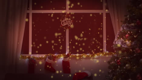 Animation-Von-Weihnachtsschnee,-Der-über-Das-Weihnachtsfenster-Im-Hintergrund-Fällt