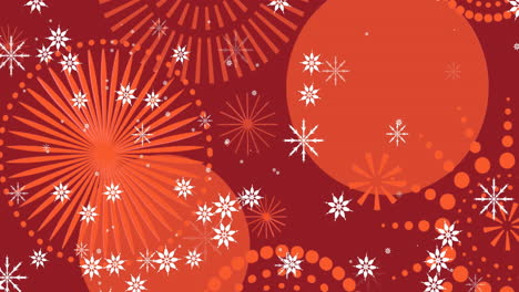 Animation-of-christmas-snowflakes-over-red-new-year-fireworks-on-dark-red-background