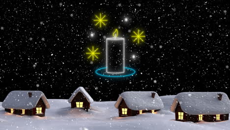 Animation-of-neon-candle-over-snow-falling-and-winter-landscape-at-christmas