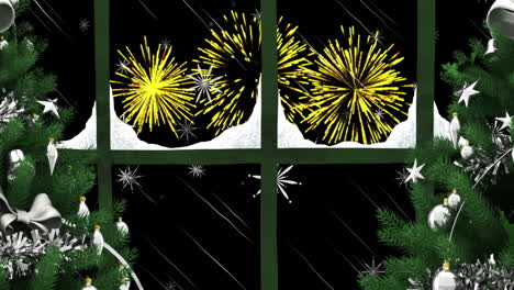 Animación-De-Ventana-Con-árboles-De-Navidad-Y-Fuegos-Artificiales-Explotando-En-El-Cielo-Nocturno