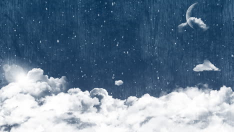 Animation-of-snow-falling-over-moon-and-clouds-on-blue-background
