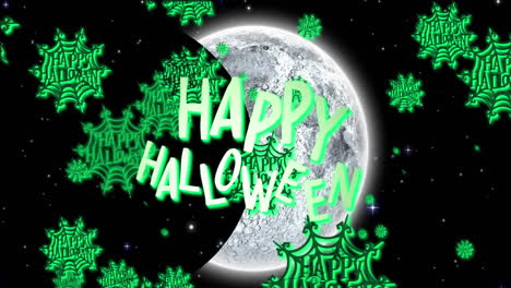 Animation-of-glowing-happy-halloween-text-with-green-spider-webs,-over-full-moon-in-night-sky