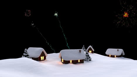 Animation-of-colourful-christmas-and-new-year-fireworks-in-night-sky-over-houses-in-snow