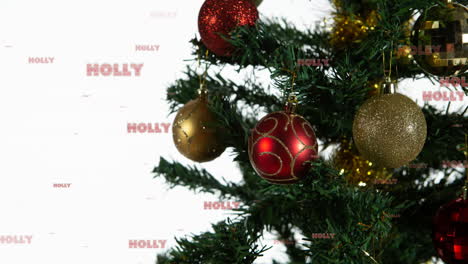 Animation-of-holly-text-in-repetition-over-christmas-tree-on-white-background