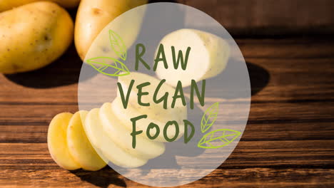 Animation-of-raw-vegan-food-text-in-green,-over-sliced-potatoes-on-wooden-surface