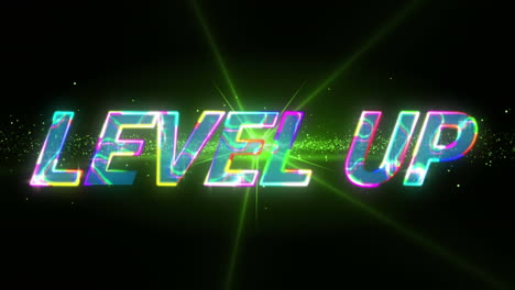 Animation-of-glowing-level-up-text-over-green-light-and-shape