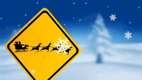 Animation-of-christmas-snowflakes-falling-over-santa-sleigh-sign-on-blue-background