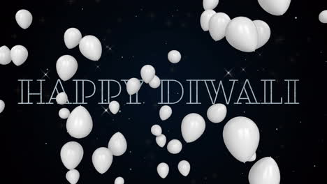 Mehrere-Weiße-Luftballons-Schweben-über-Fröhlichem-Diwali-Text-Vor-Schwarzem-Hintergrund