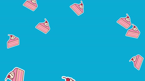 Animation-of-slices-of-pink-cake-with-cherry-and-cream-topping-falling-on-blue-background