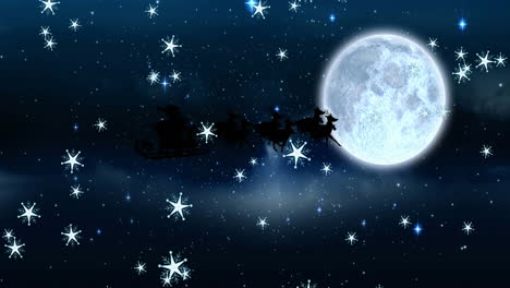 Animación-De-Papá-Noel-En-Trineo-Con-Renos-En-Navidad,-Sobre-La-Nieve-Cayendo,-La-Luna-Y-El-Cielo.