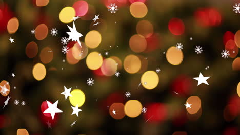 Animation-of-christmas-stars-and-dots-falling-over-blurred-background