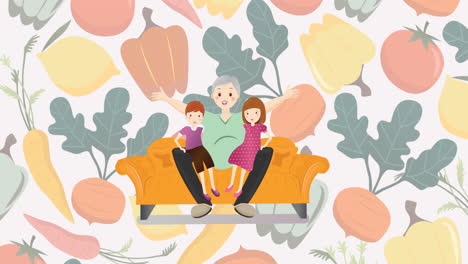Animation-of-illustration-of-happy-grandfather-with-grandchildren-on-knee,-vegetables-in-background