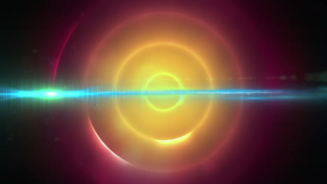 Digitale-Animation-Einer-Blauen-Lichtspur-Vor-Gelben-Spiralförmigen-Lichtspuren-Auf-Rosa-Hintergrund