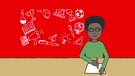 Animation-Eines-Schülers,-Der-Sich-Notizen-über-Symbole-Für-Schulgegenstände-Auf-Rotem-Hintergrund-Macht