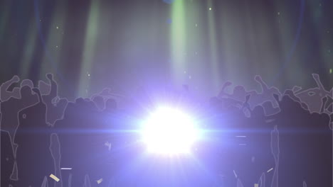 Animation-of-gold-confetti-falling-over-dancing-crowd-with-moving-light-and-green-spotlights
