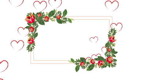 Animation-of-frame-with-flowers-and-hearts-on-white-background