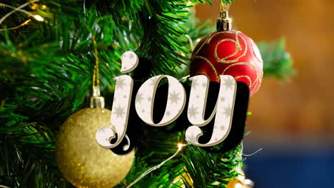 Animation-of-joy-text-over-christmas-tree-and-baubles-in-background