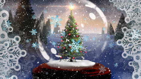 Animation-of-snow-falling-over-snow-globe-with-christmas-tree-and-winter-landscape