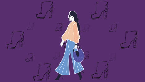 Animation-of-walking-woman-over-falling-shoes