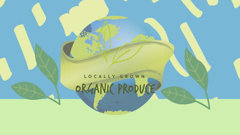 Animation-of-organic-produce-text-over-globe-and-leaves-on-blue-and-green-background