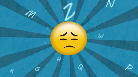 Animation-of-letters-over-sad-emoji-on-blue-rotating-background