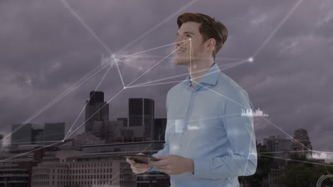 Animation-of-caucasian-businessman-using-tablet-and-network-of-connections-over-cityscape