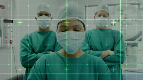 Animation-of-markers-on-grid-over-diverse-surgeons-in-face-masks