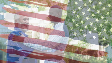 Animation-of-flag-of-usa-over-caucasian-african-american-man-with-adult-son