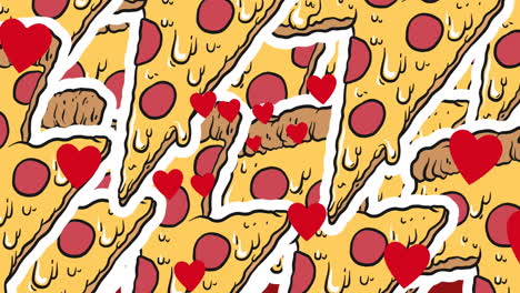 Multiple-red-heart-icons-floating-against-multiple-pizza-slice-icons-on-red-background