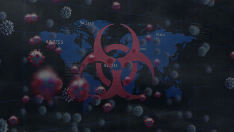 Animation-Des-Biohazard-Symbols,-Covid-19-Zellen,-Die-Sich-Im-Hintergrund-über-Die-Weltkarte-Bewegen