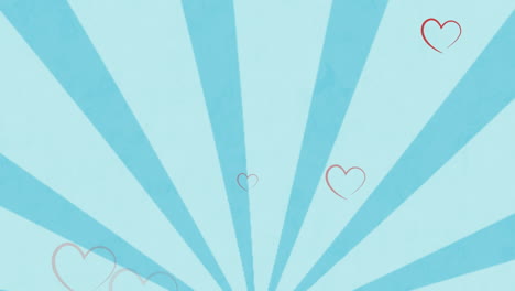 Animation-of-hearts-floating-over-rotating-blue-striped-background