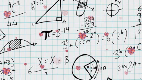 Animation-of-hearts-falling-over-mathematical-equations-in-school-notebook