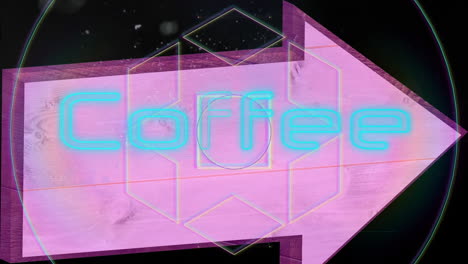 Animation-of-coffee-text-in-blue-neon-over-line-shapes-and-pink-arrow-on-black-background