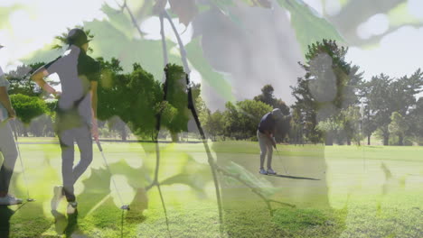 Animation-of-trees-over-senior-caucasian-couple-playing-golf-on-golf-course