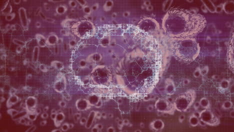 Animation-Des-Gehirns-über-Sich-Bewegenden-Zellen-Auf-Rotem-Hintergrund