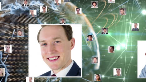 Animation-of-globe-of-network-of-connections-with-people's-photos