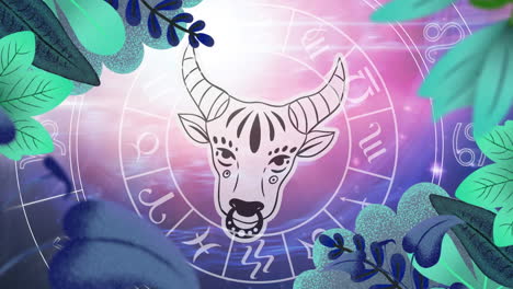 Animation-of-taurus-star-sign-and-horoscope-zodiac-sign-wheel-on-purple-background