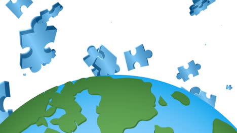 Animation-of-blue-puzzle-pieces-falling-over-globe-on-white-background