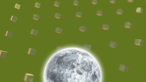 Animation-of-moon-appearing-over-green-background-with-rotating-cubes