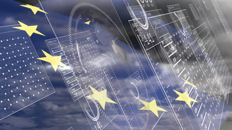 Animación-De-La-Bandera-De-La-Unión-Europea-Y-Procesamiento-De-Datos-Financieros.