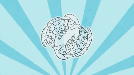 Animation-Des-Fische-Symbols-über-Rotierendem-Blau-Gestreiften-Hintergrund
