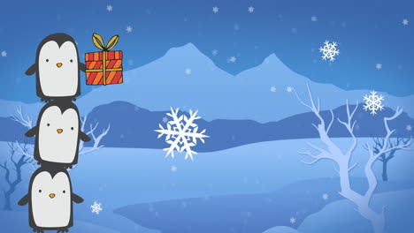 Animation-Von-Fallendem-Schnee-Und-Drei-Pinguinen-Mit-Weihnachtsgeschenken-Vor-Winterlichem-Hintergrund