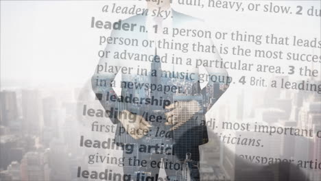 Animation-of-text-over-caucasian-businessman-and-cityscape
