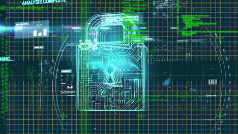 Digitale-Animation-Des-Sicherheitsvorhängeschloss-Symbols-Und-Der-Datenverarbeitung-Vor-Blauem-Hintergrund