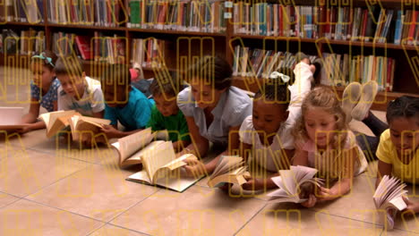 Animation-of-books-moving-over-happy-school-children-and-teacher-reading-books