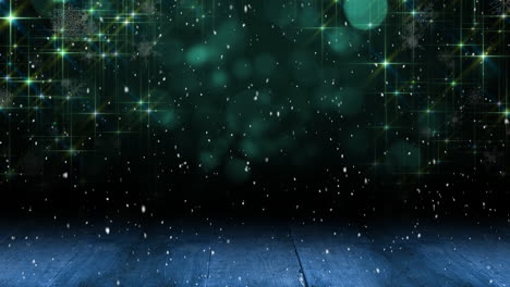 Animation-of-snow-falling-over-green-lights-and-wooden-boards