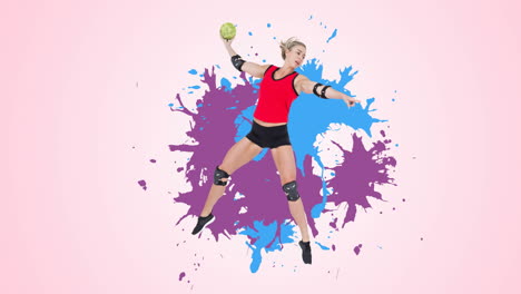 Animation-of-caucasian-female-handball-player-throwing-ball-over-colourful-stains