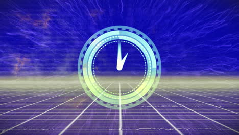 Animation-Von-Interferenzen-Und-Sich-Bewegender-Uhr-über-Lichtspuren-Auf-Blauem-Hintergrund
