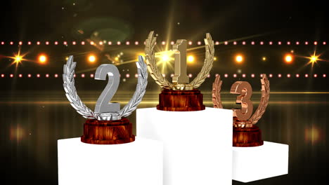 Animación-De-Los-Trofeos-De-Primer,-Segundo-Y-Tercer-Lugar-En-La-Ceremonia-De-Entrega-De-Premios-Iluminada.